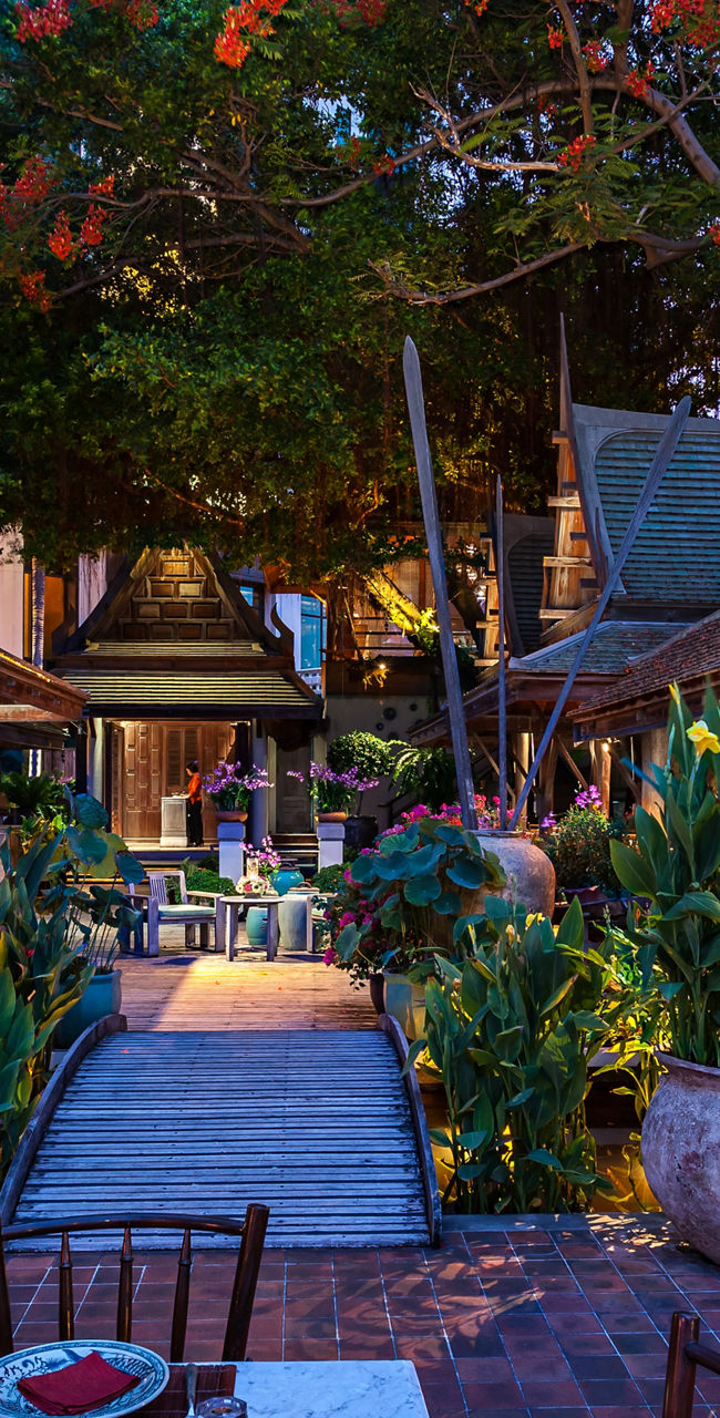 Outdoor Thai-style dining with lush greenery