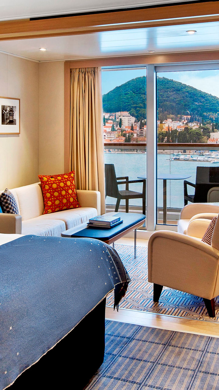 Luxury hotel room with scenic balcony view