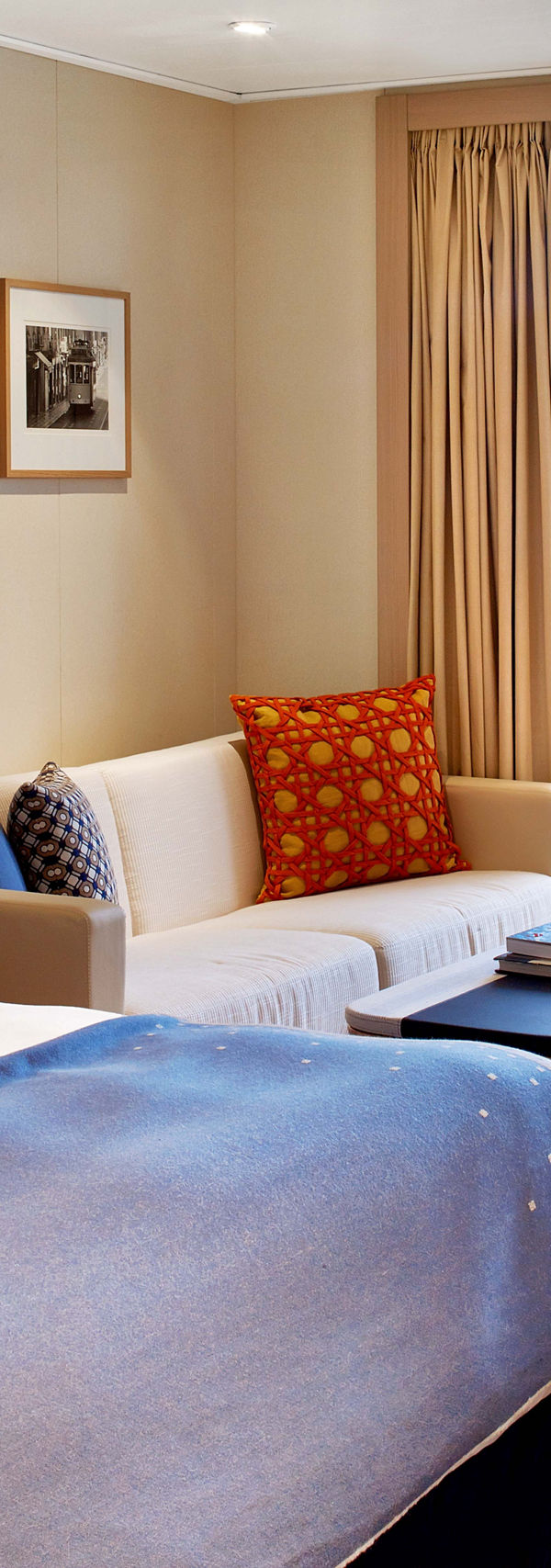 Modern hotel room with scenic balcony view