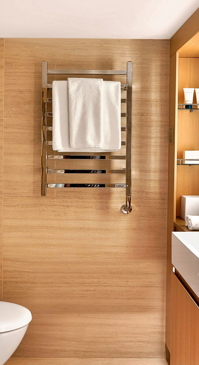 modern bathroom with wooden accents