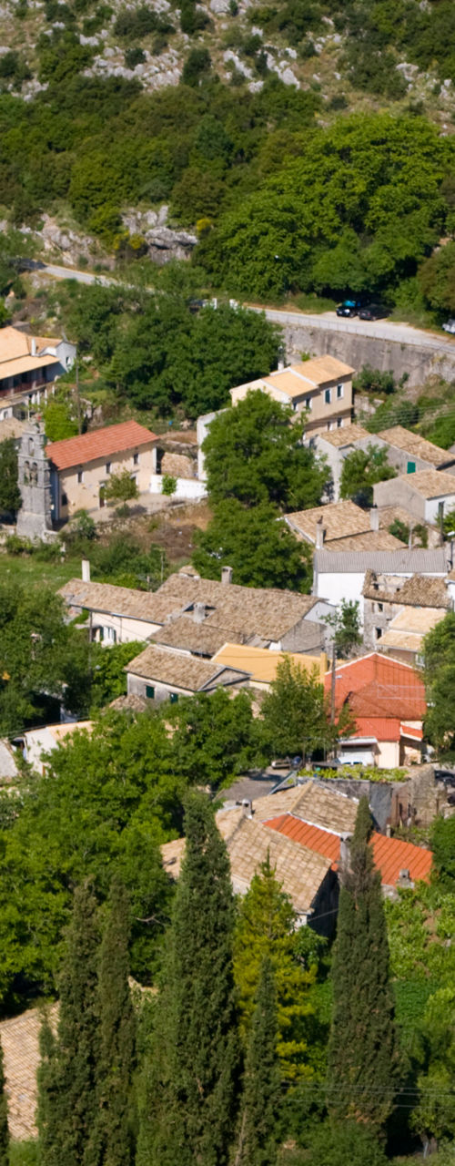 Scenic hillside village with lush greenery