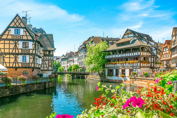 Scenic canal view in Strasbourg, France