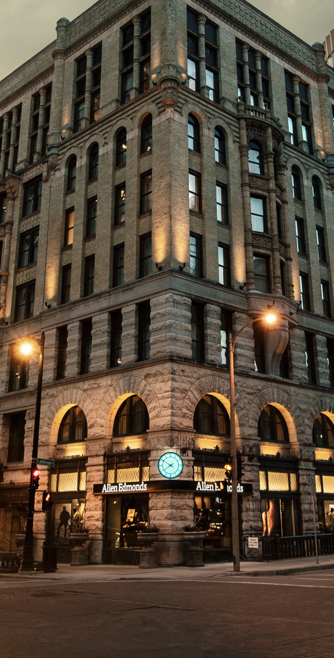 Historic city building at sunset