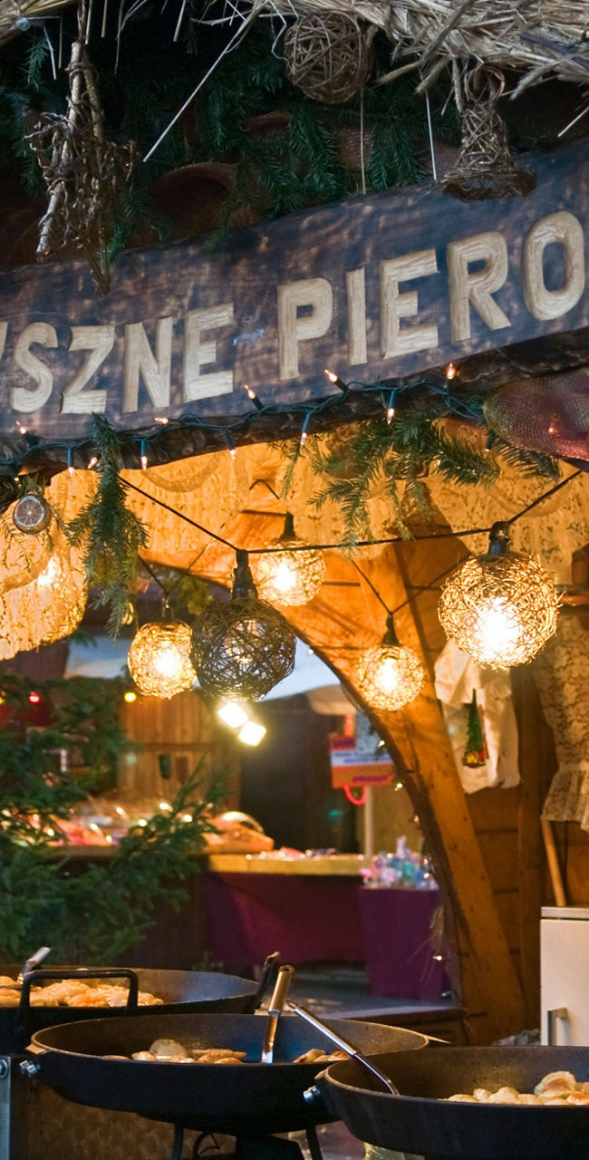 Rustic pierogi stall at outdoor market