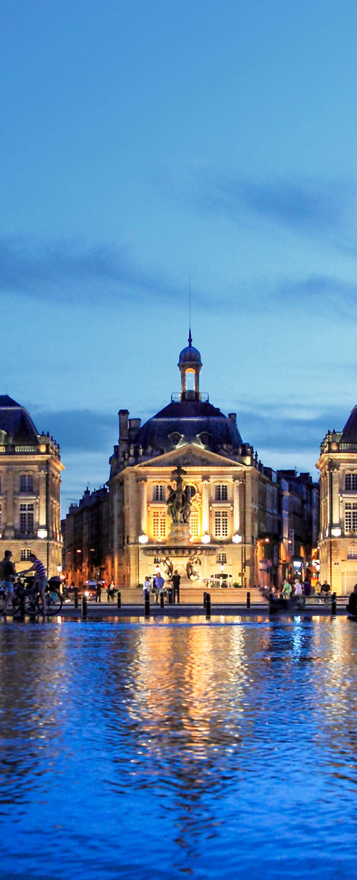 Illuminated Bordeaux cityscape with water reflection