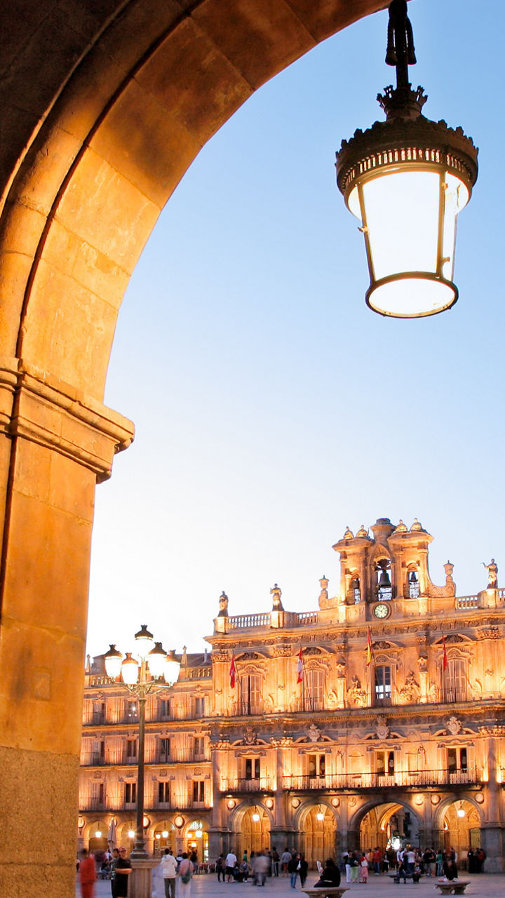 Plaza Mayor at sunset with outdoor seating