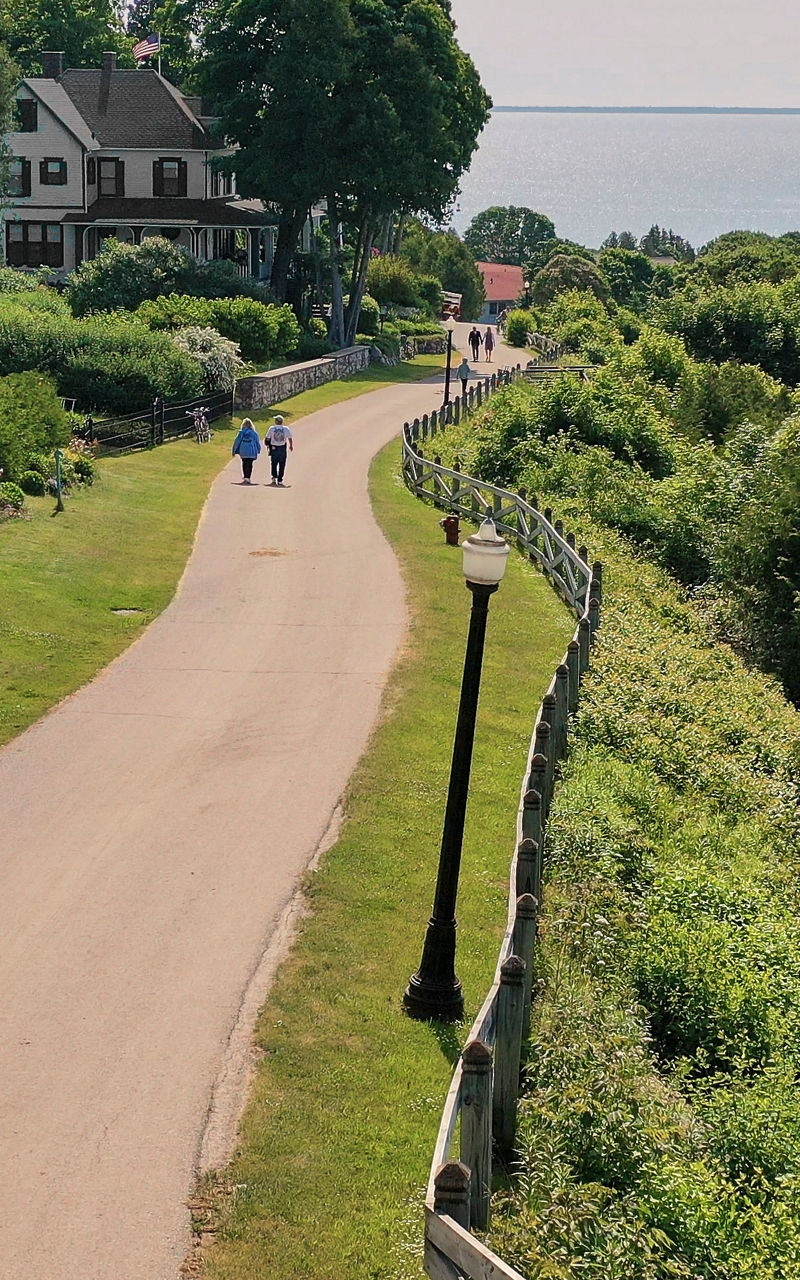 Scenic coastal path with cruise ship view