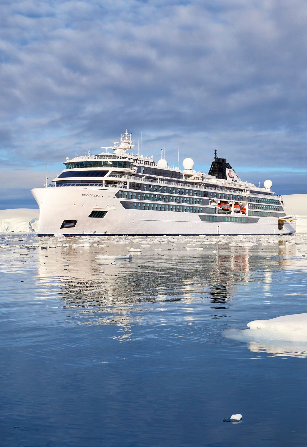 Luxury cruise ship in icy Antarctic waters
