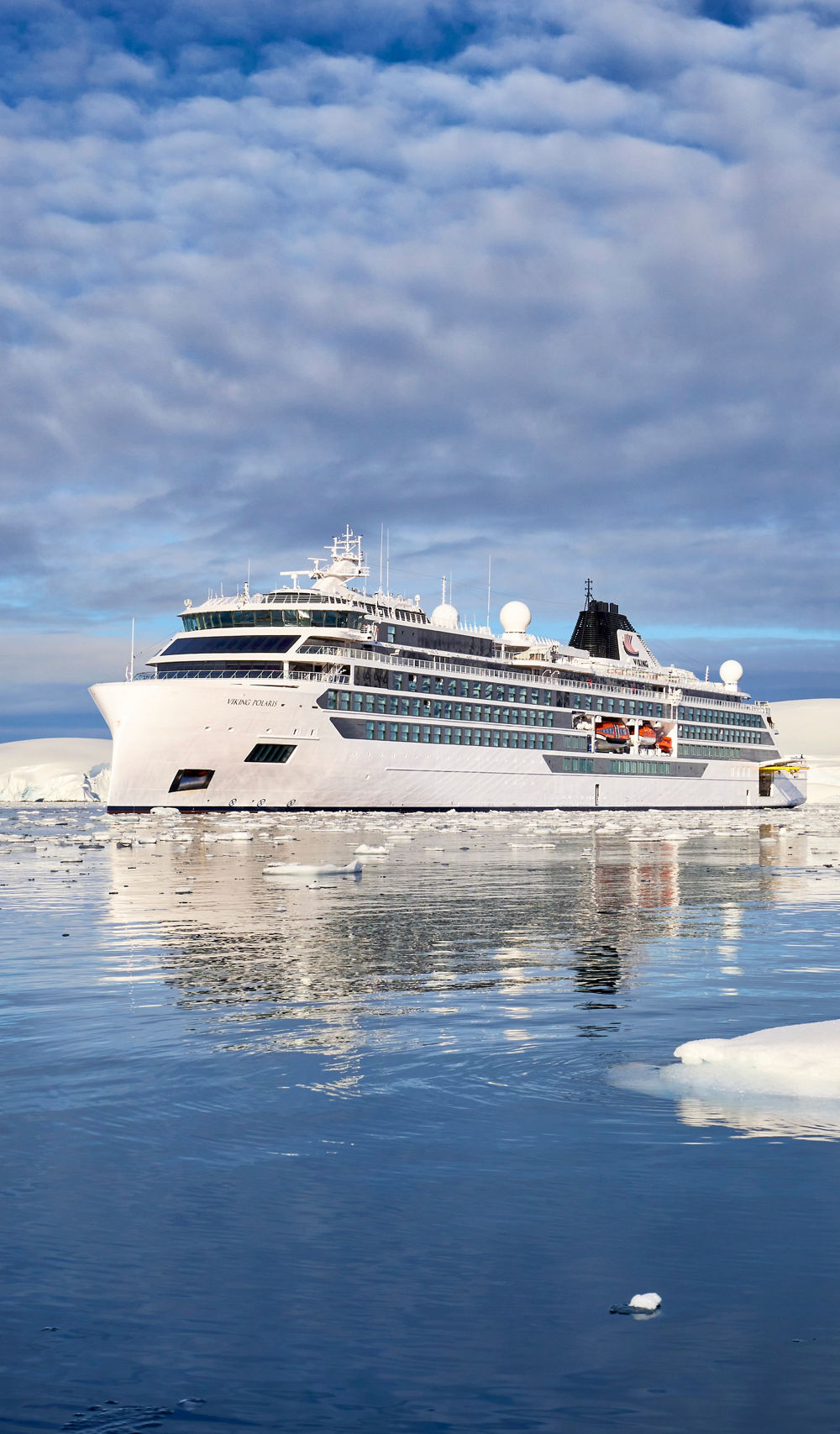 Luxury cruise ship in icy Antarctic waters