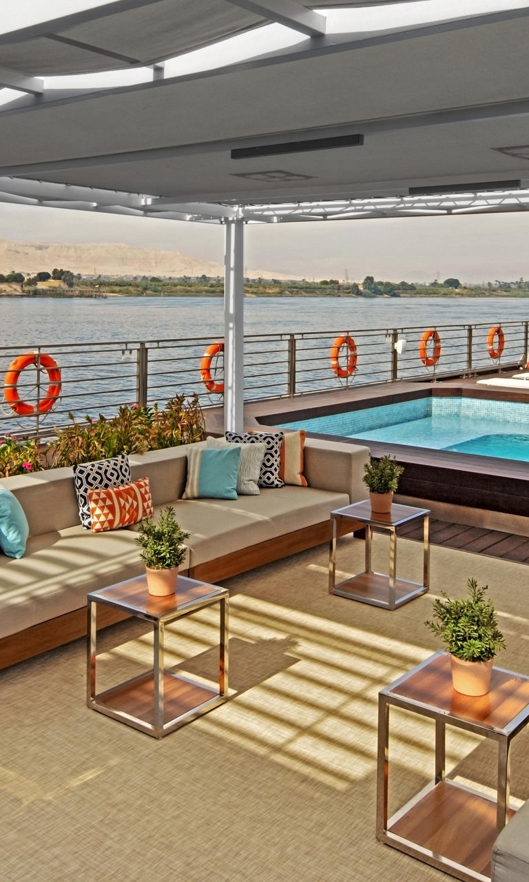 Luxury riverside deck with pool seating