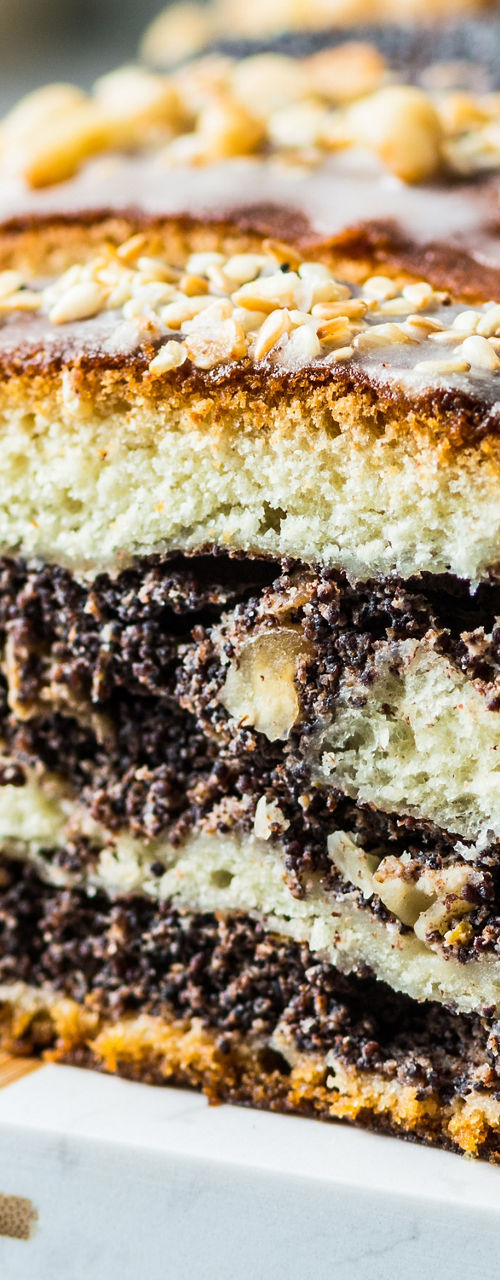 Freshly baked poppy seed roll with nuts
