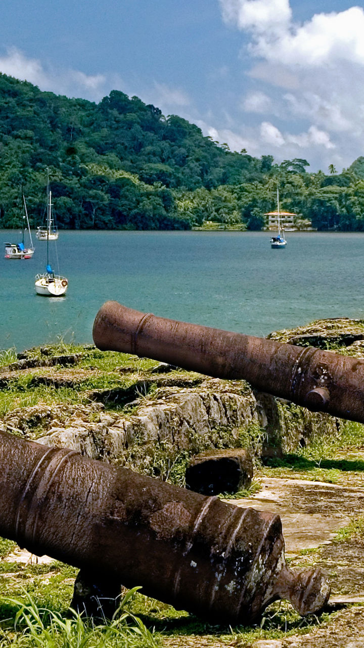Historic cannons overlooking tropical bay
