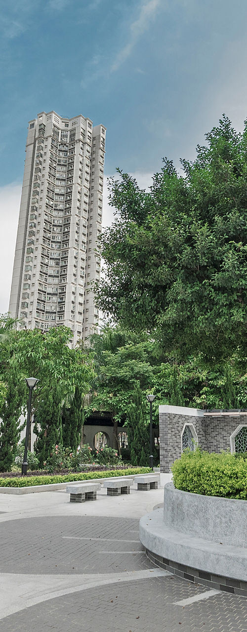 Modern high-rise apartments with landscaped courtyard