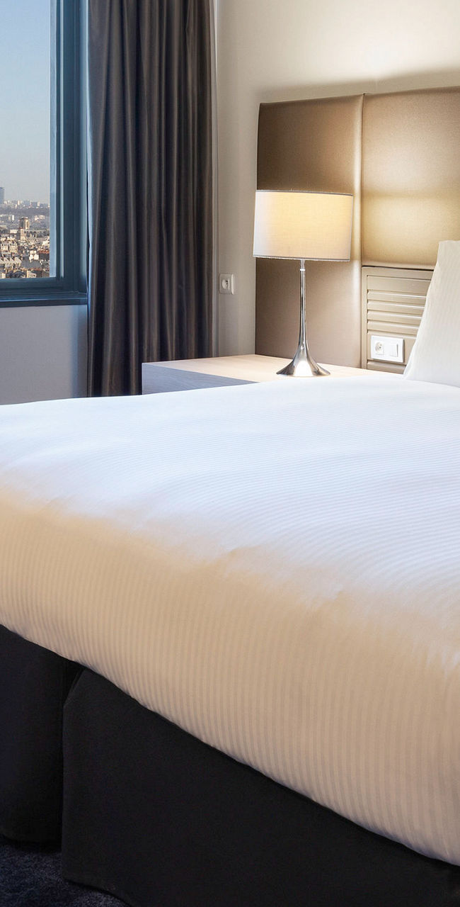 Modern hotel room with city view