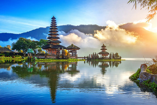 Scenic Bali temple by tranquil lake