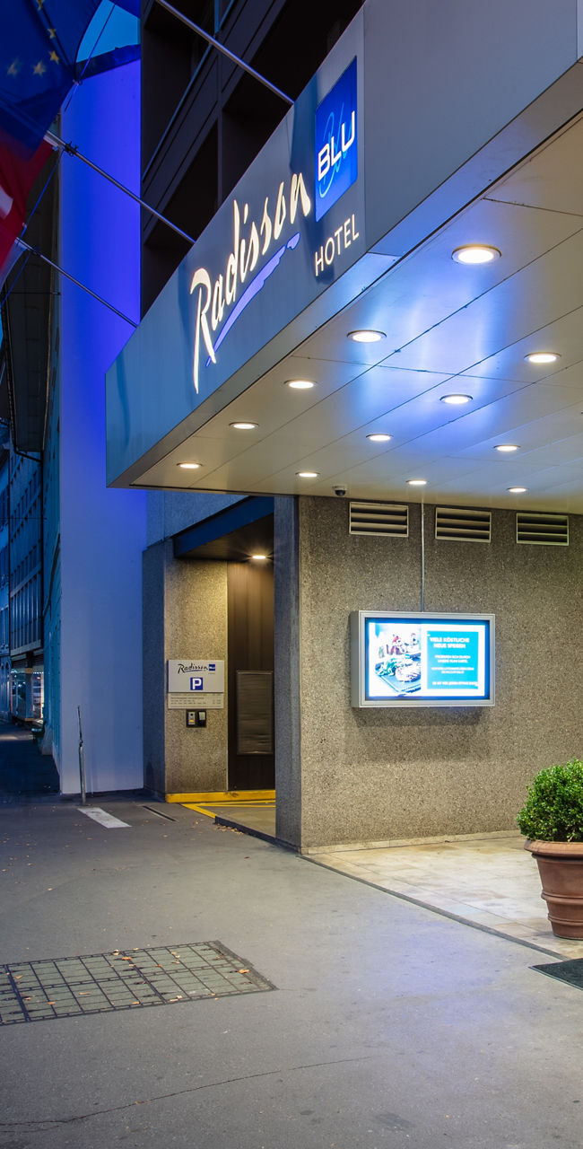 Radisson Blu hotel entrance at dusk