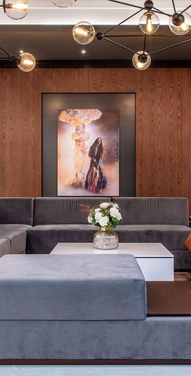 Modern lounge with stylish furniture and lighting