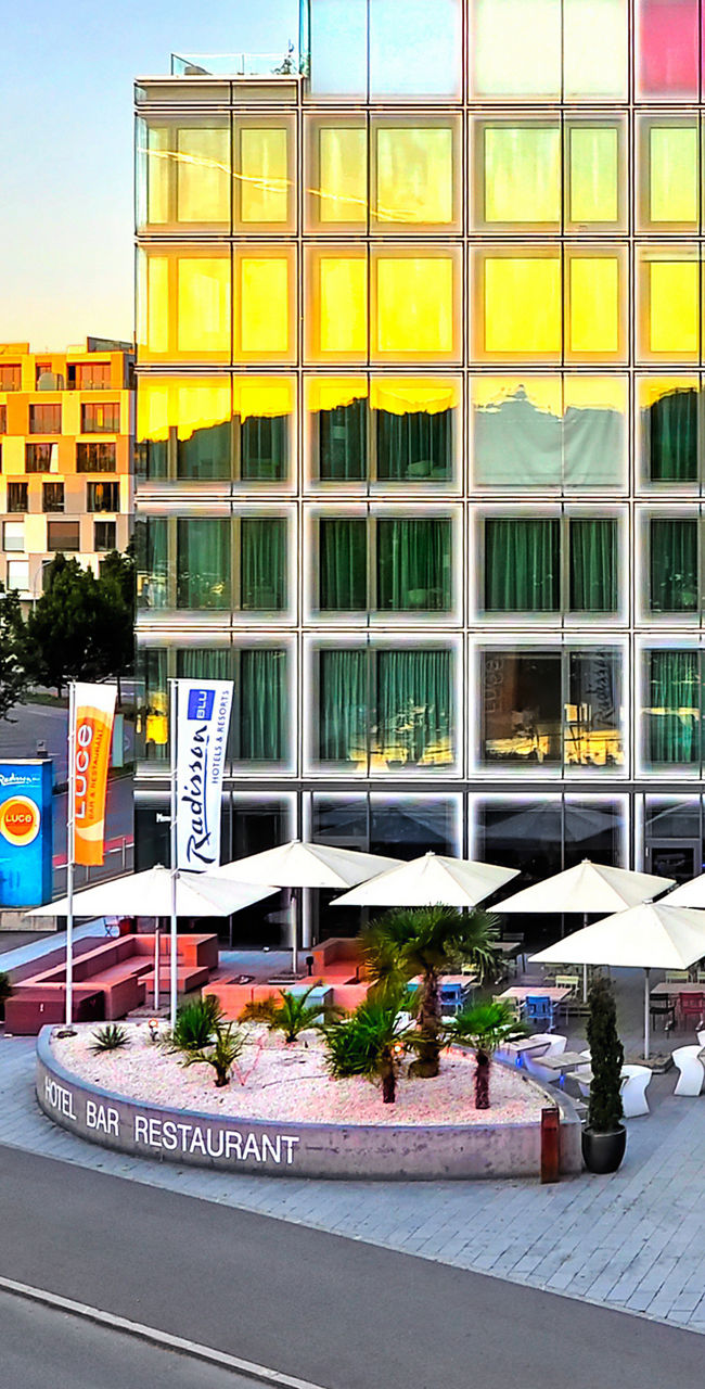 Radisson Blu hotel with colorful facade