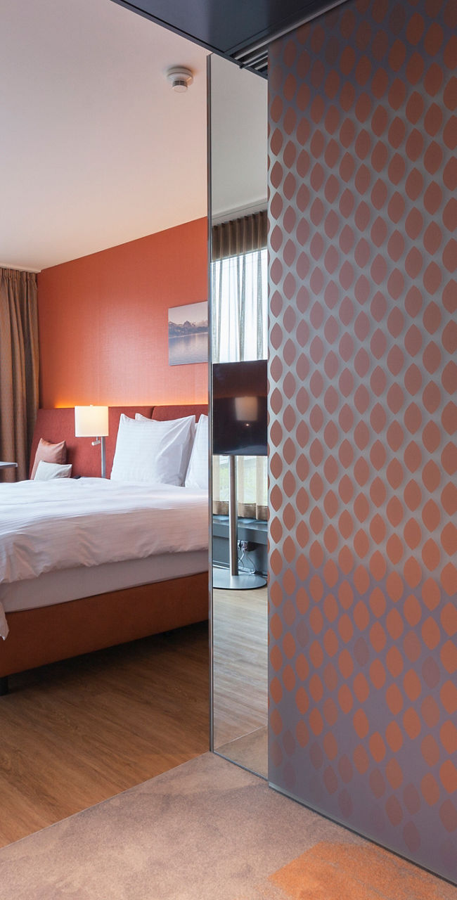 Modern hotel room with scenic view