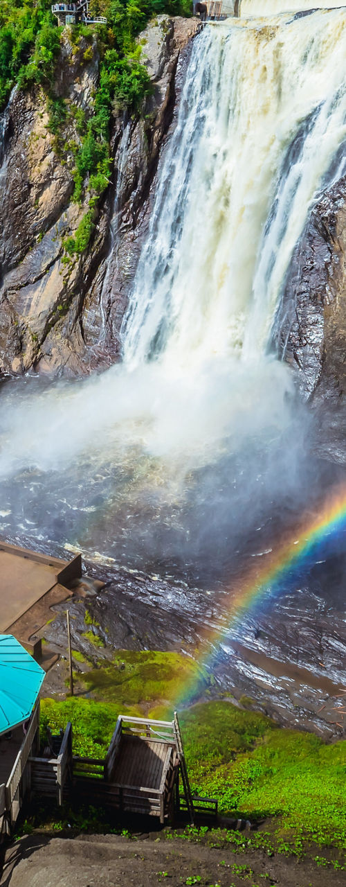 Scenic waterfall with rainbow and lush greenery