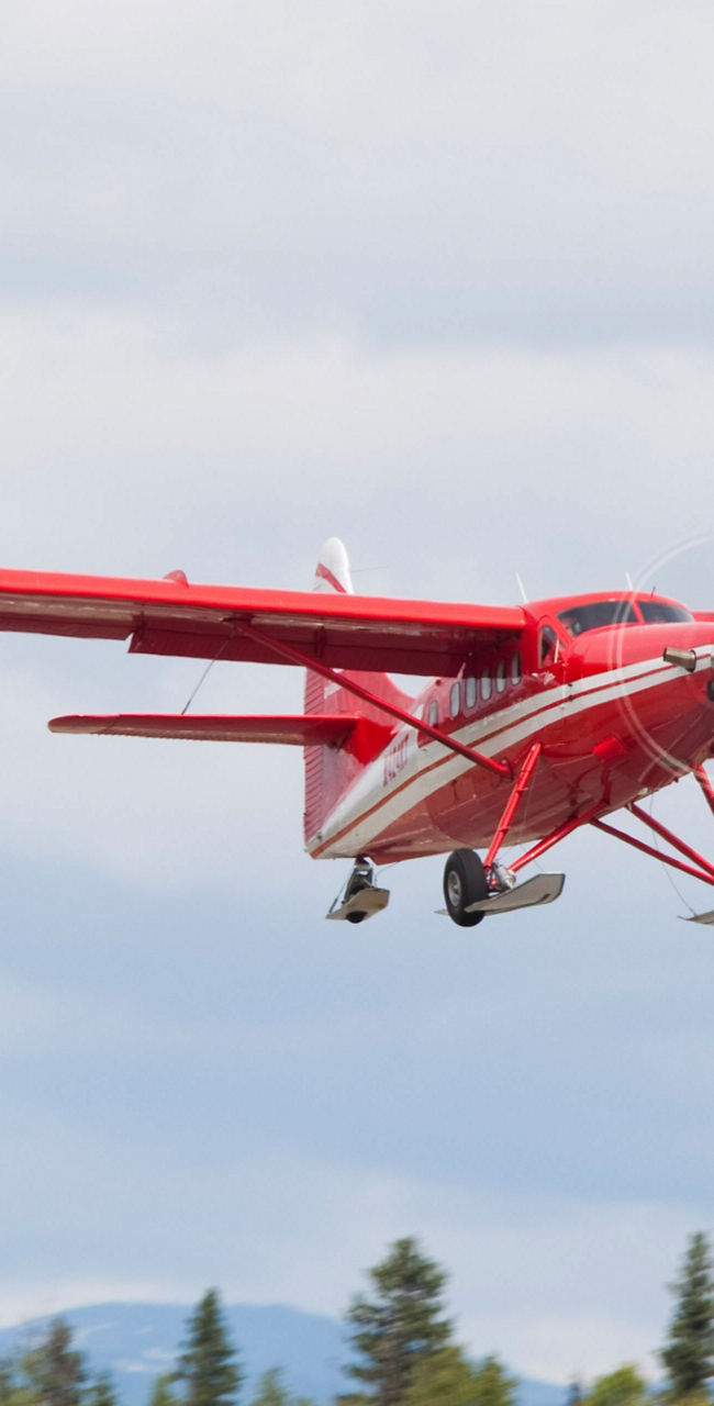 Red propeller plane flying over forest