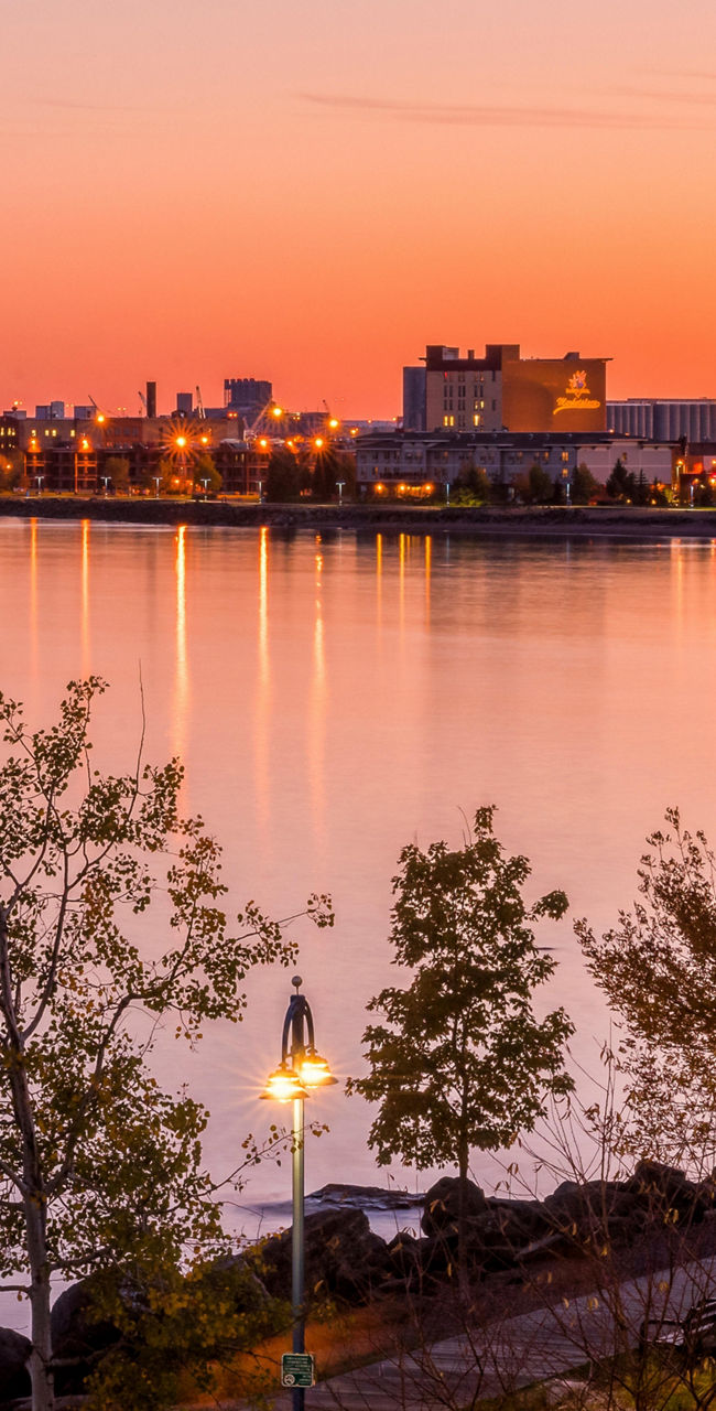 Sunset view of Duluth waterfront skyline