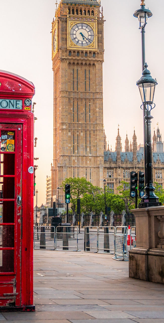 Red London phone box near Big Ben