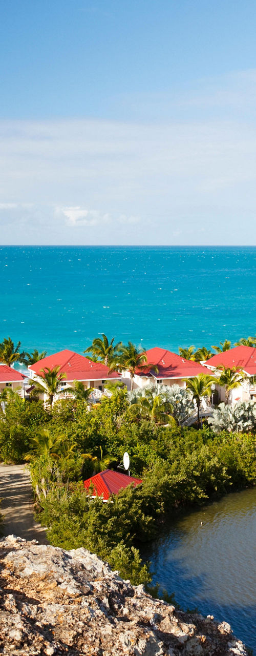 Scenic coastal view with red-roof villas