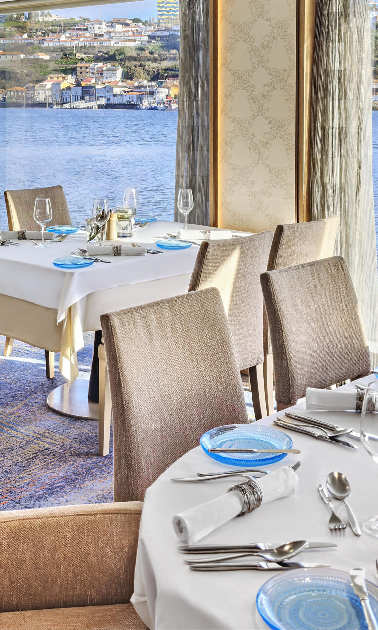 Elegant riverside restaurant with panoramic views
