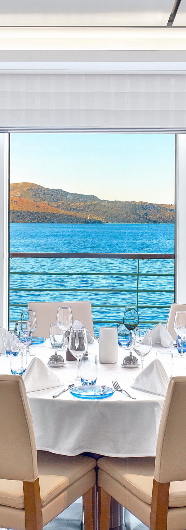 Elegant dining room with scenic lake view