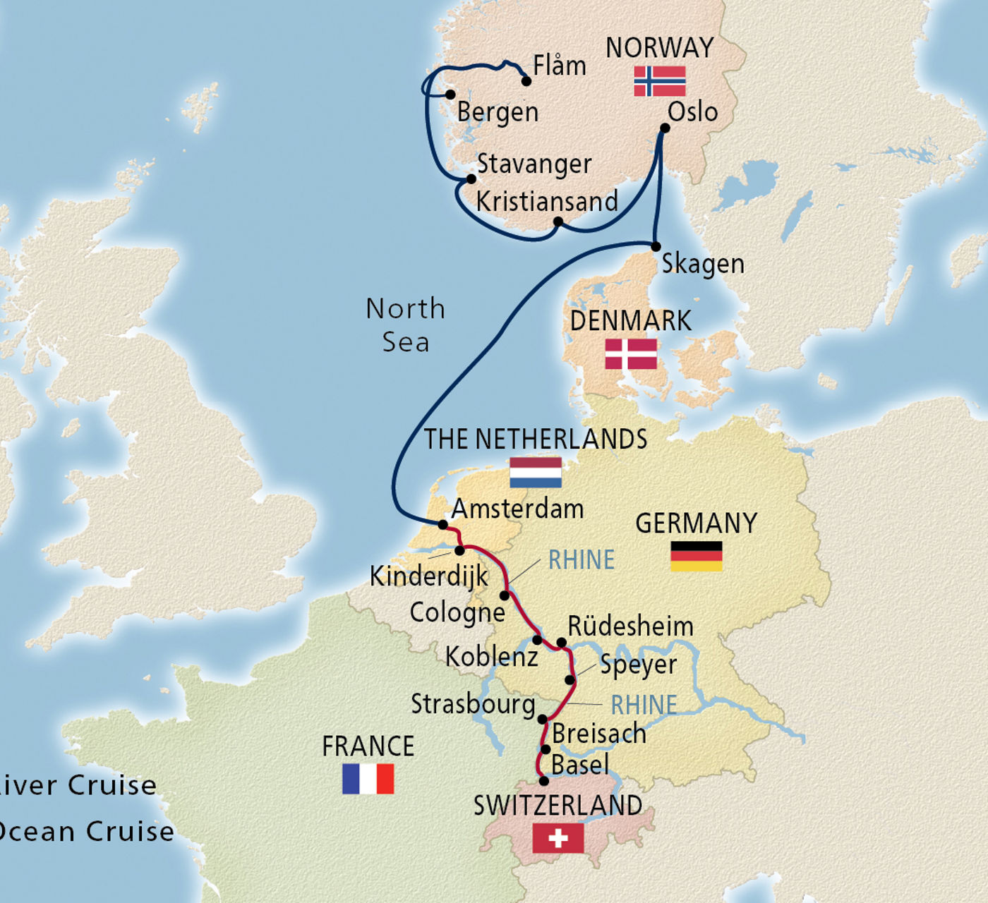 Map of Rhine & Viking Shores & Fjords itinerary