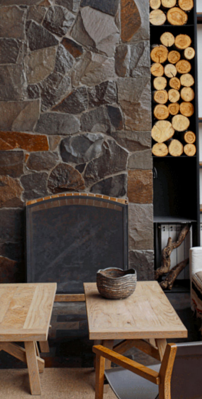 Cozy rustic living room with fireplace