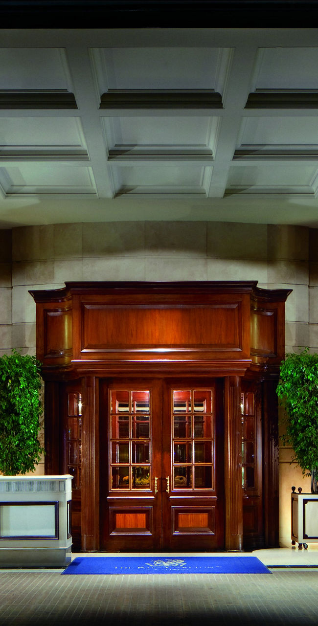Elegant hotel entrance with warm lighting