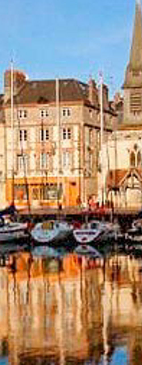 Scenic harbor with historic architecture