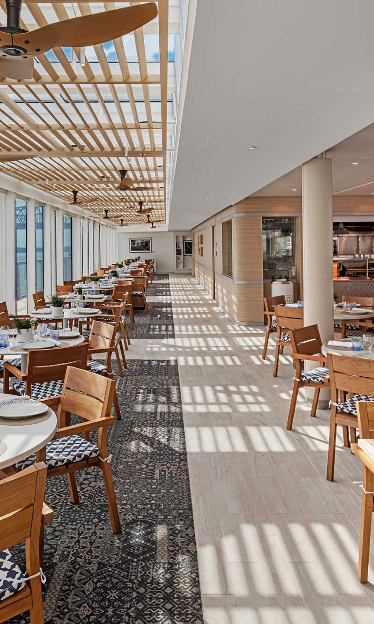 Modern waterfront restaurant with scenic views