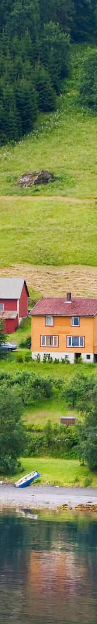 Scenic Nordic village by waterfront