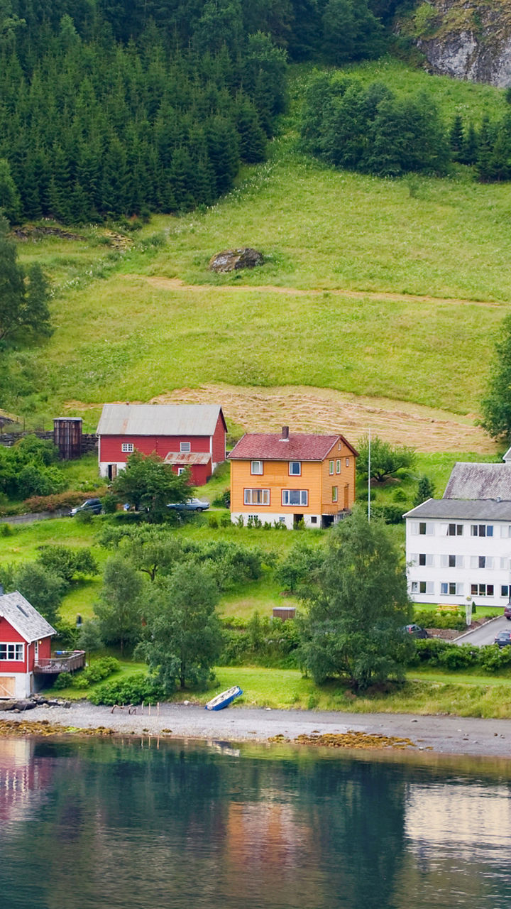 Scenic Nordic village by waterfront