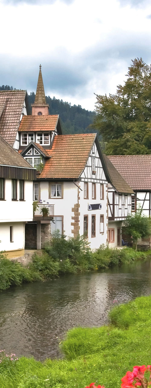 Charming village with river and flowers
