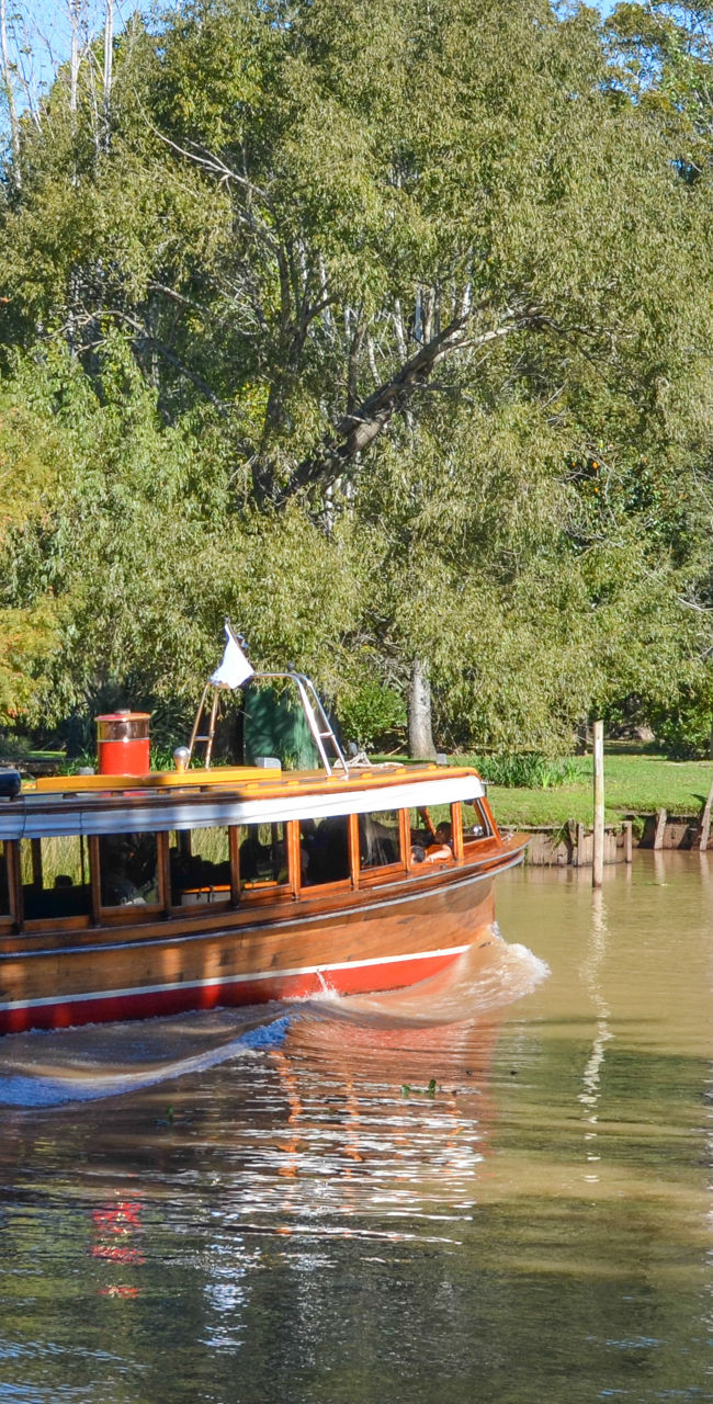Wooden boat cruising on serene river
