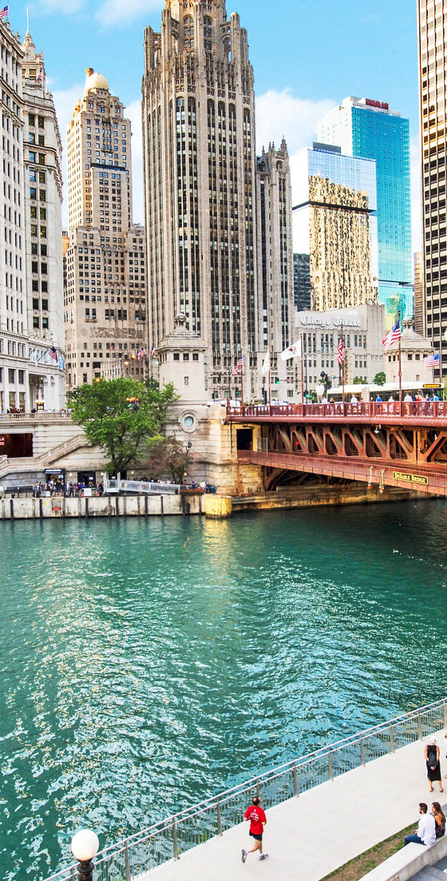 Chicago Riverwalk with city skyline view