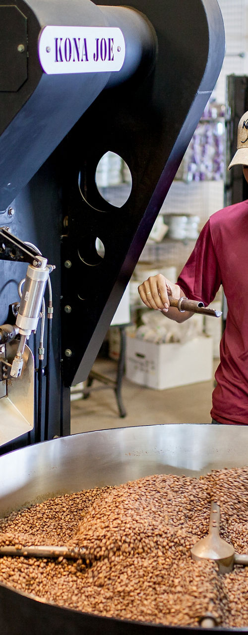 Coffee roasting process at Kona Joe facility