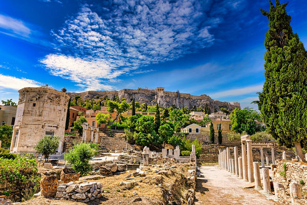 Ancient ruins under vibrant blue sky