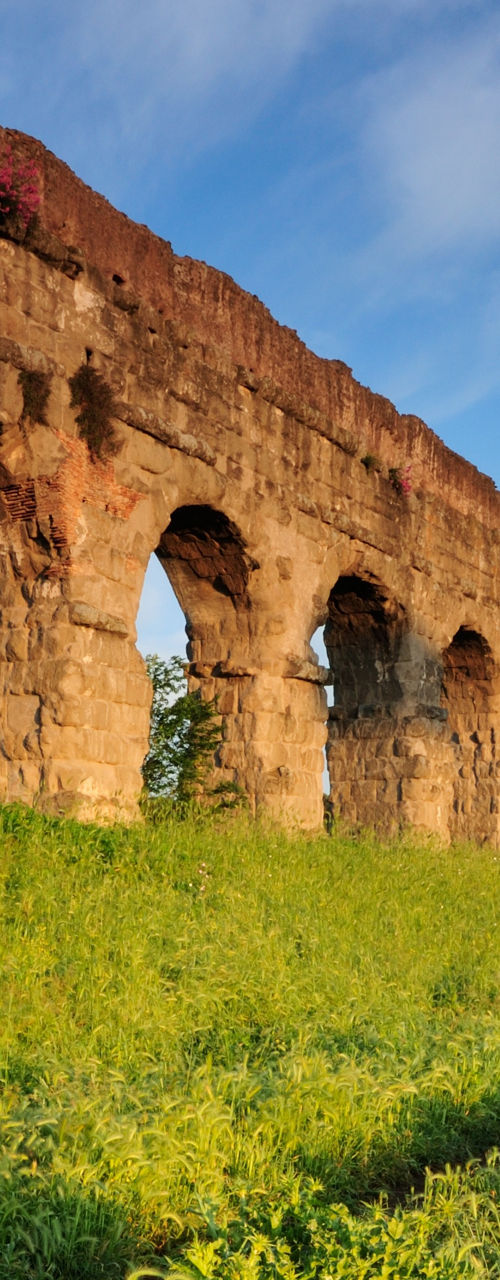 Ancient Roman aqueduct in sunny landscape