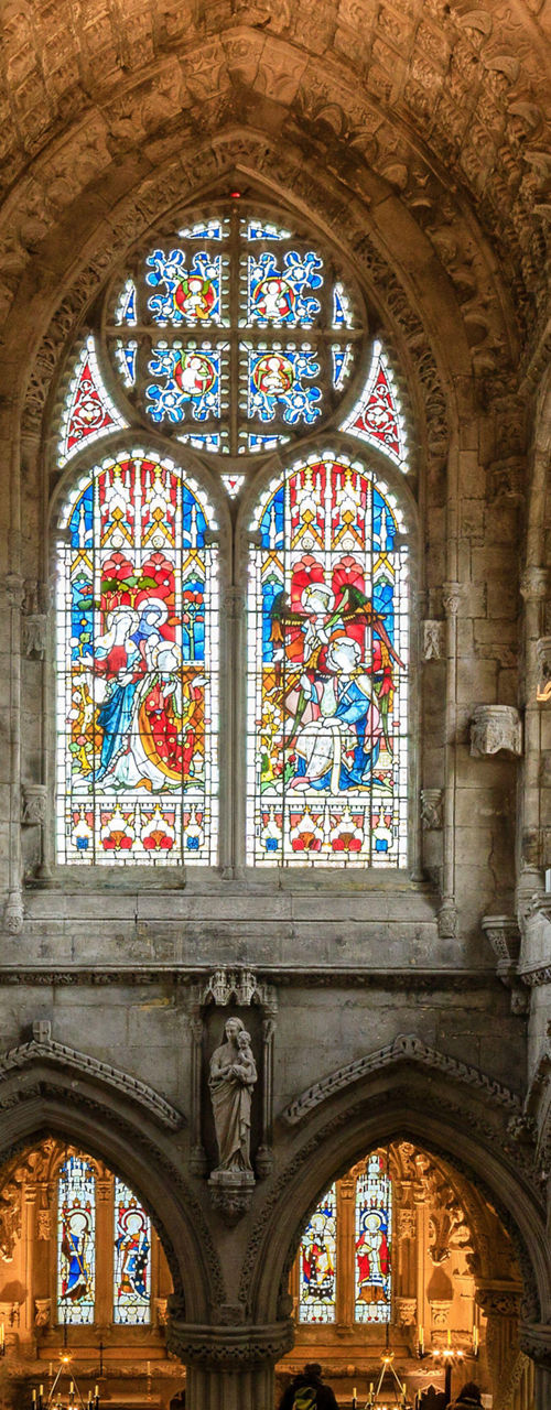 Historic cathedral interior with stained glass