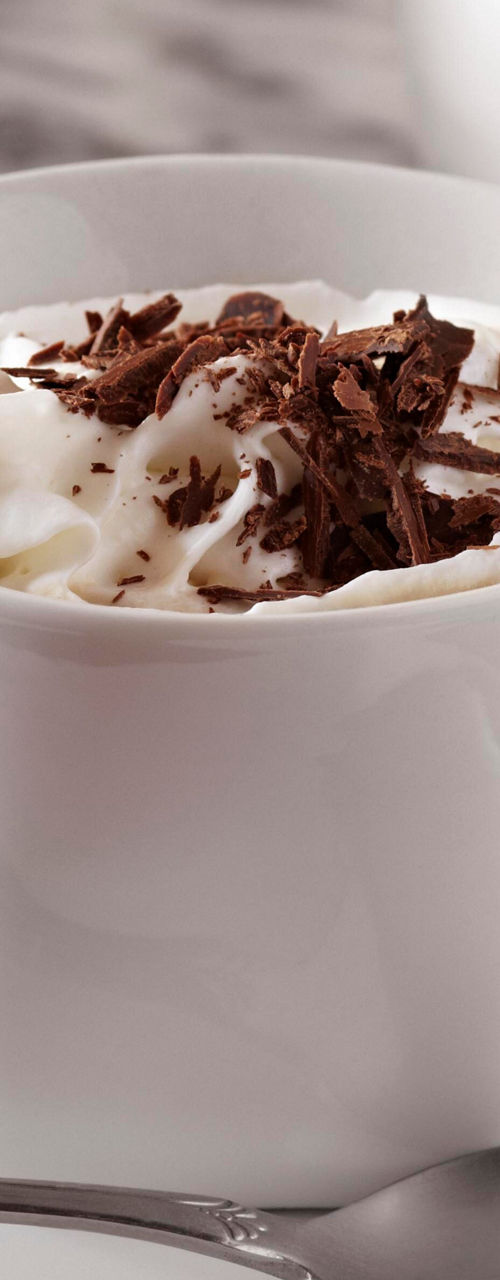Hot chocolate with whipped cream and chocolate shavings