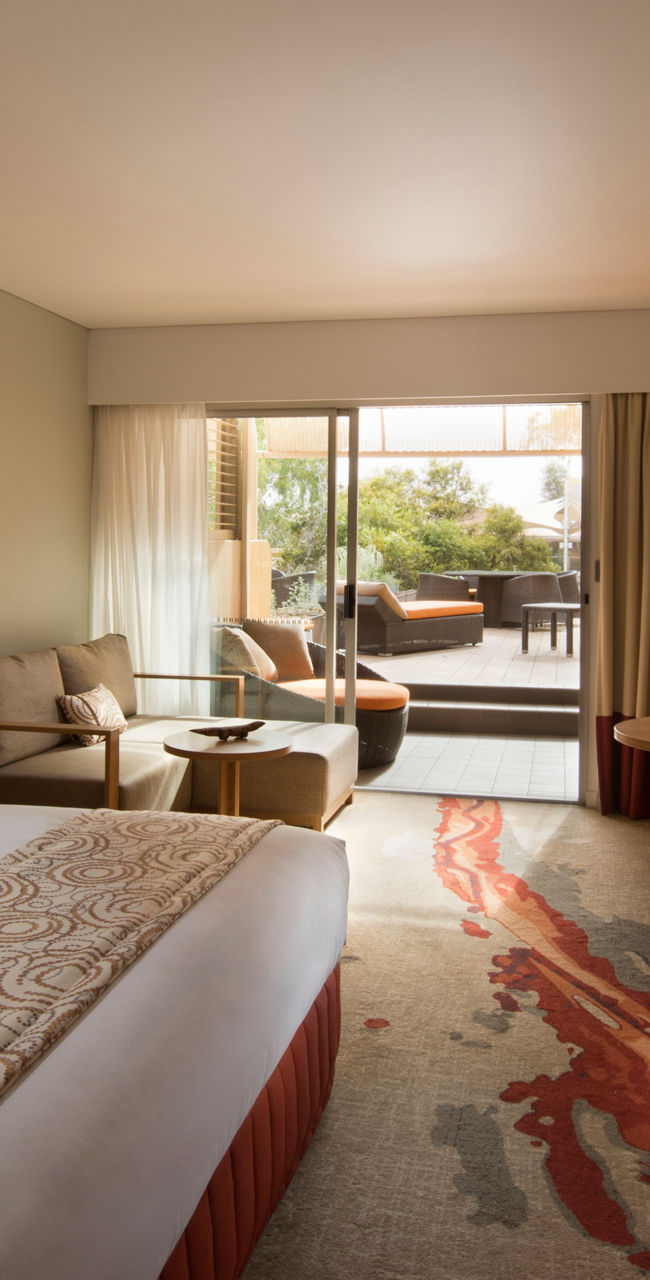 Modern hotel room with balcony view