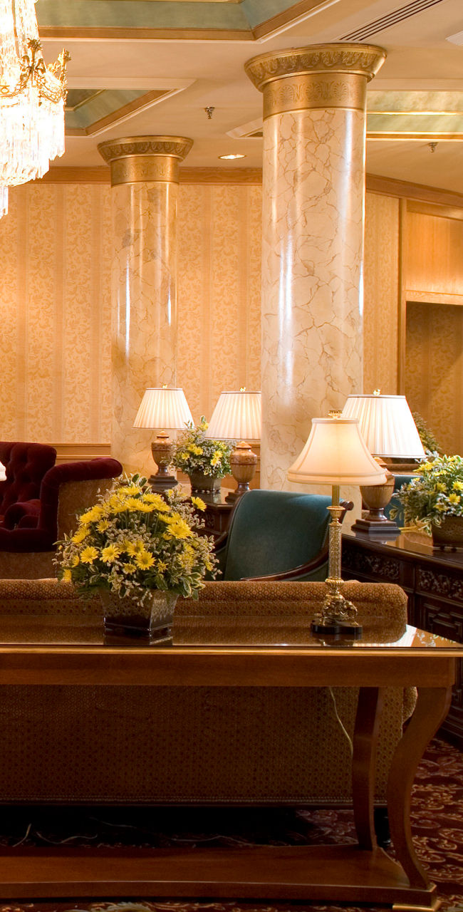 Elegant hotel lobby with chandeliers
