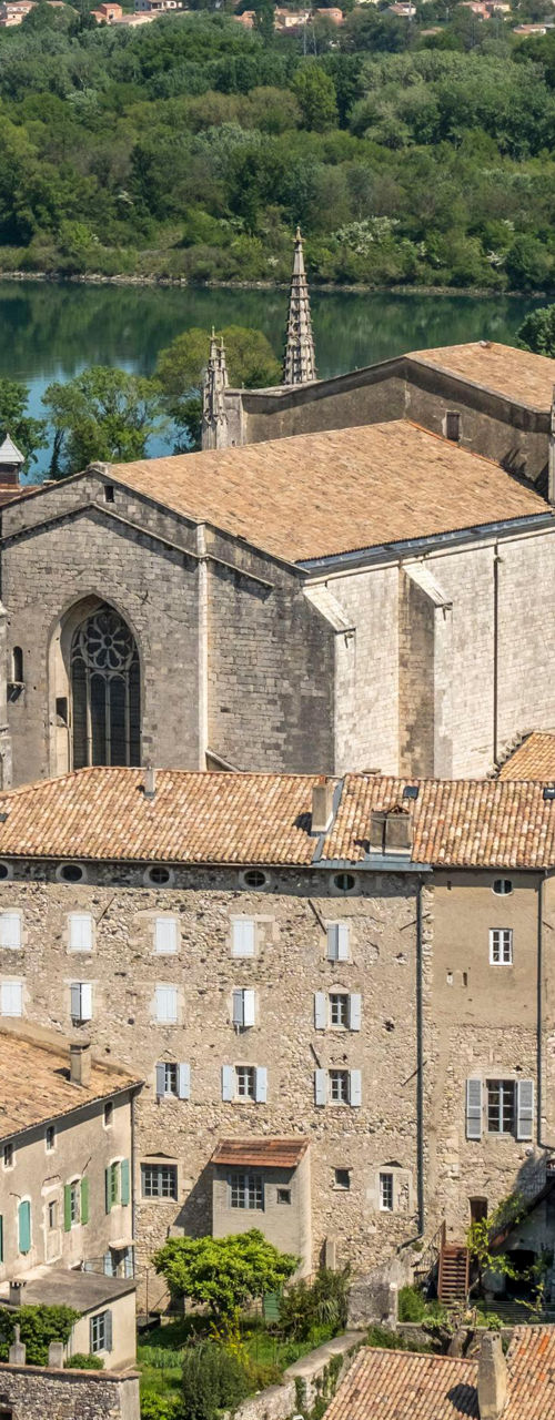 Historic stone village with riverside view