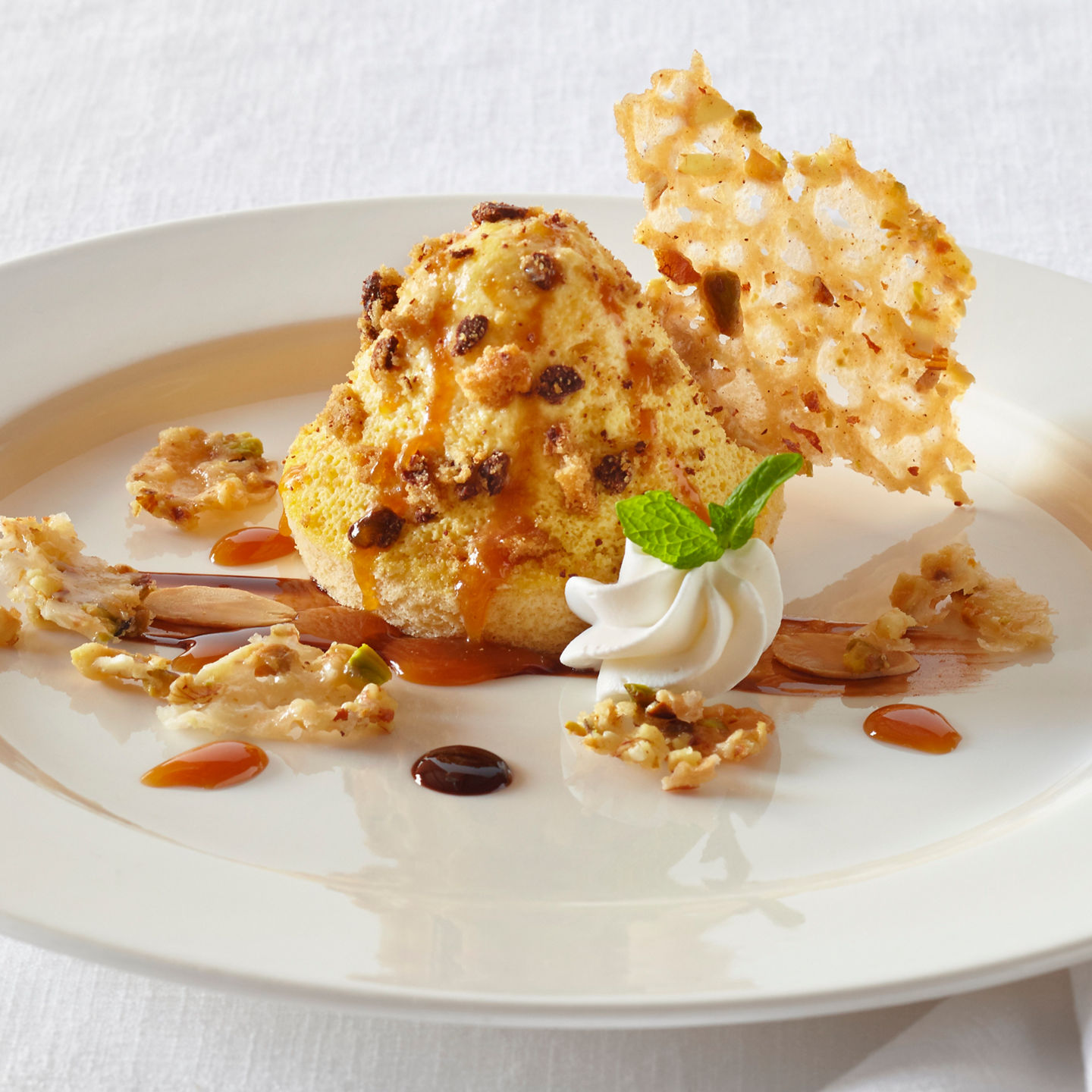 Gourmet plated dessert with caramel garnish