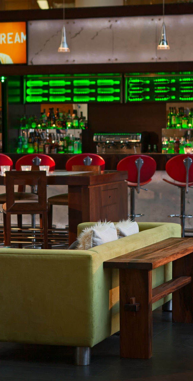 Modern lounge with vibrant bar area
